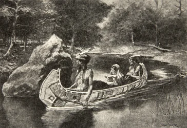 Wierp het recht in de rivier... Waar het nog steeds te zien is in de zomer, uit Het Lied van Hiawatha door Henry Wadsworth Longfellow, gepubliceerd door George G. Harrap und Company Ltd., 1911